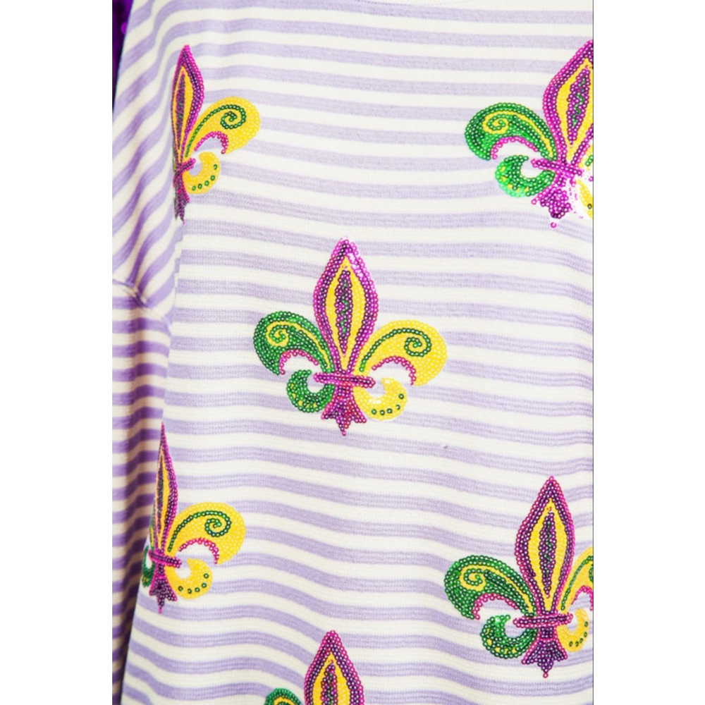 Purple Stripe Mardi Gras Sequin Fleur De Lis Patch Long Sleeve Top - Picture 7 of 11